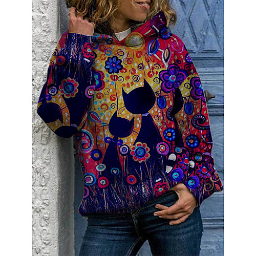 

Women's Hoodie Pullover Floral Cat Graphic Casual Daily Other Prints Basic Cute Hoodies Sweatshirts Purple Yellow Gray