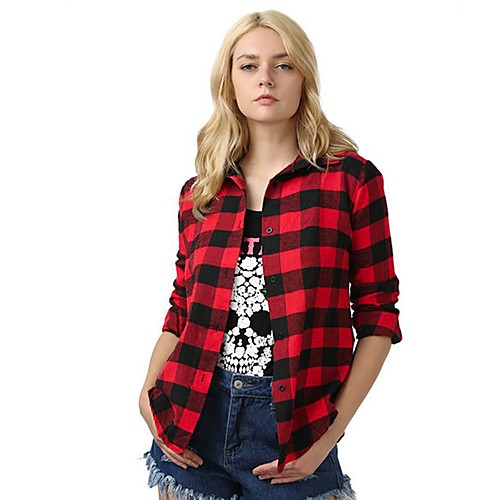 

Women's Blouse Shirt Plaid Check Long Sleeve Shirt Collar Basic Tops Red