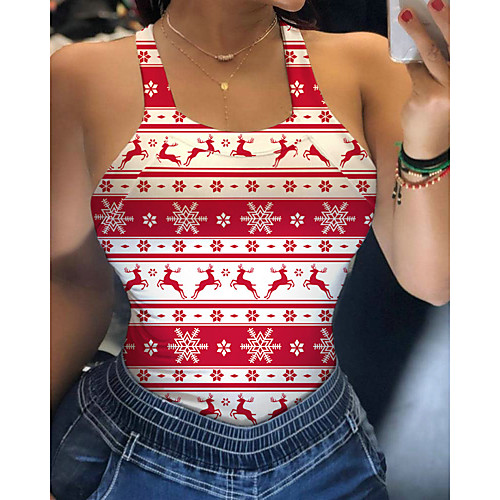 

Women's Tank Top Solid Colored Backless Print Halter Neck Basic Christmas Tops Red Green