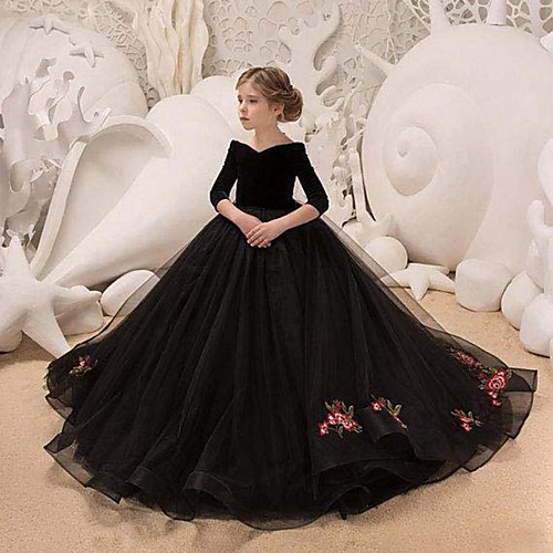 

Princess Sweep / Brush Train Flower Girl Dresses Party Lace Long Sleeve V Neck with Pleats
