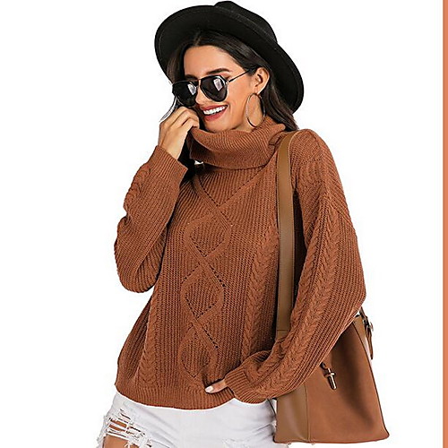 

Women's Solid Color Plain Pullover Long Sleeve Sweater Cardigans Turtleneck Fall Winter Brown