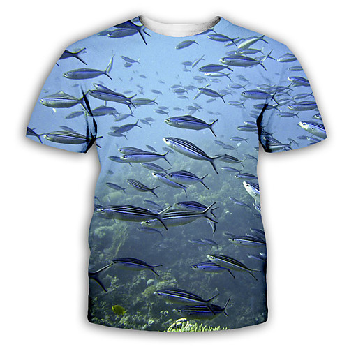 

Men's T shirt Shirt 3D Print Graphic Print Short Sleeve Party Tops Exaggerated Round Neck Light Blue