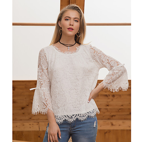 

Women's Blouse Shirt Solid Colored Long Sleeve Cut Out Lace Lace Trims Round Neck Basic Tops White