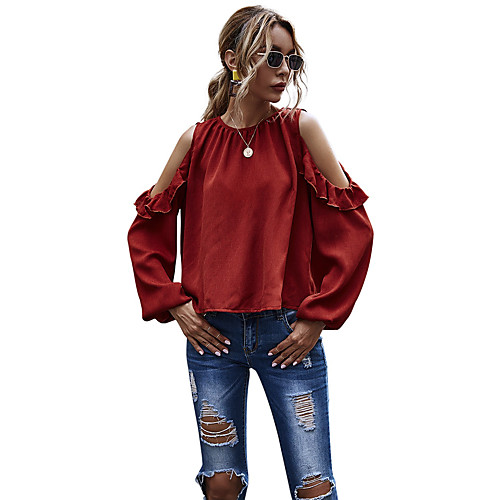 

Women's Blouse Shirt Solid Colored Long Sleeve Ruffle Cut Out Round Neck Basic Tops Wine