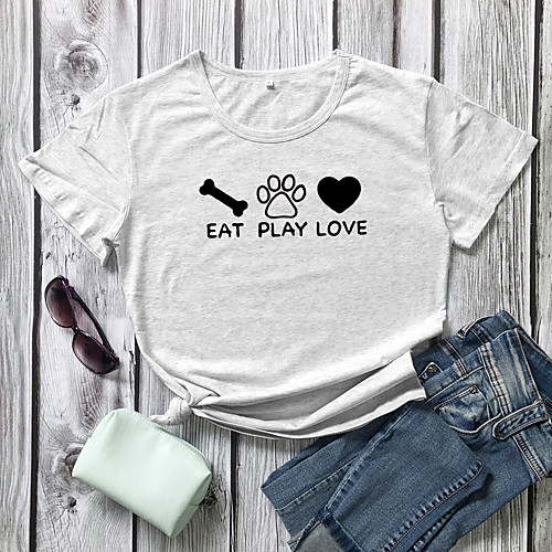

Women's T shirt Graphic Heart Text Print Round Neck Tops 100% Cotton Basic Basic Top White Wine Light gray