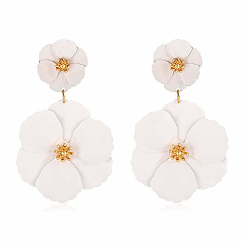 

flower dangle earrings boho layered floral petal drop earrings statement stud earring for women girls (white)