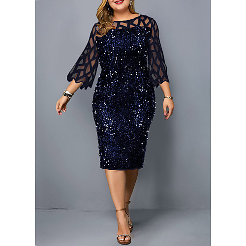 

Women's Plus Size Dress Shift Dress Knee Length Dress Black Wine Navy Blue 3/4 Length Sleeve Solid Color Patchwork Fall Summer Round Neck Vintage 2021 L XL XXL 3XL 4XL 5XL