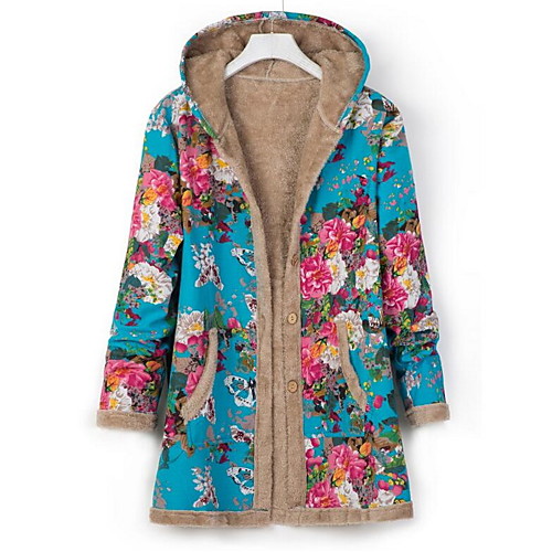 

Women's Coat Daily Fall & Winter Long Coat Hooded Regular Fit Jacket Long Sleeve Print Green Black