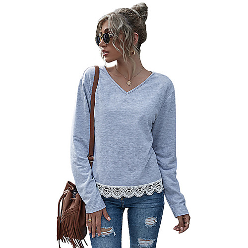 

Women's Blouse Shirt Plain Long Sleeve Lace Patchwork V Neck Tops Gray