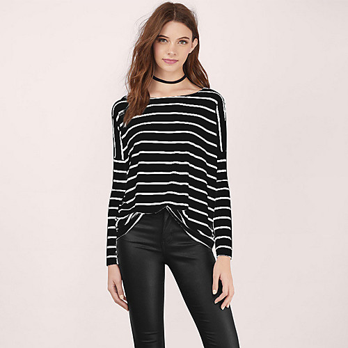 

Women's Blouse Shirt Striped Long Sleeve Patchwork Round Neck Basic Tops White Black Red