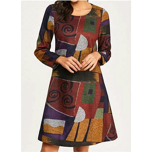 

Women's A Line Dress Knee Length Dress Purple Wine Long Sleeve Print Print Fall Round Neck Elegant 2021 S M L XL XXL 3XL