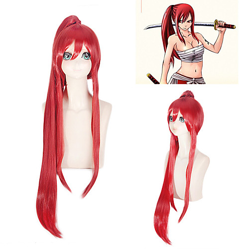 

Fairy Tail Erza Scarlet Cosplay Wigs Women's With Ponytail 30 inch Synthetic Fiber Straight Red Teen Anime Wig