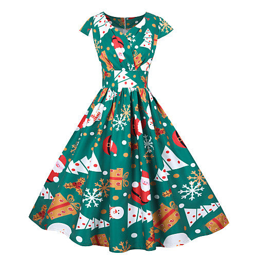 

Women's Swing Dress Knee Length Dress Blue Purple Blushing Pink Wine Green Dusty Blue Royal Blue White Black Red Short Sleeve Print Patchwork Print Fall V Neck Elegant Vintage Christmas 2021 S M L XL