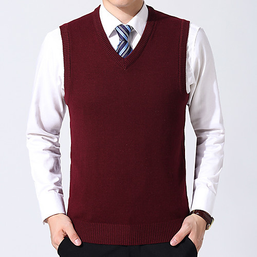

Men's Basic Wedding Knitted Braided Solid Color Pullover Acrylic Fibers Sleeveless Sweater Cardigans V Neck Fall Spring Purple Wine Army Green