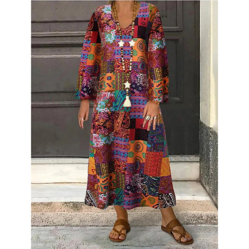 

Women's Plus Size Dress Swing Dress Midi Dress Long Sleeve Print Patchwork Print V Neck Casual Fall Spring Blue Yellow L XL XXL 3XL 4XL