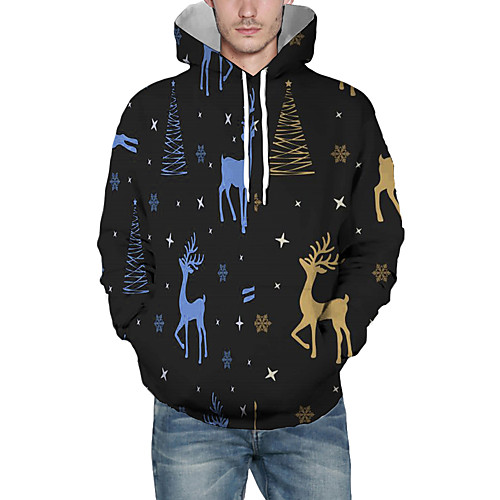 

Men's Pullover Hoodie Sweatshirt Graphic 3D Reindeer Hooded Christmas Daily 3D Print Christmas Hoodies Sweatshirts Long Sleeve Black