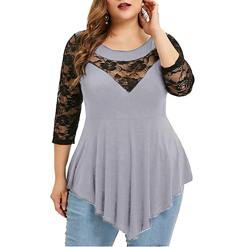 

Women's Plus Size Tunic Solid Colored See Through Lace Patchwork Round Neck Tops Purple Black Light gray