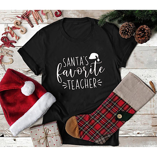 

Women's Christmas T shirt Graphic Graphic Prints Letter Print Round Neck Tops 100% Cotton Basic Christmas Basic Top Black Red