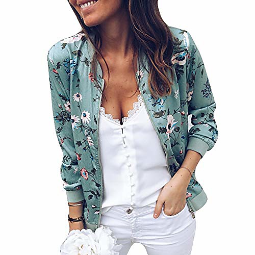 

Women's Jacket Street Fall Spring Regular Coat V Neck Slim Fit Sporty Classic & Timeless Jacket Solid Color Floral Green White