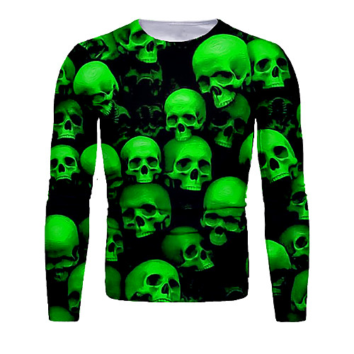 

Men's T shirt 3D Print Graphic 3D Skull Print Long Sleeve Halloween Tops Basic Green