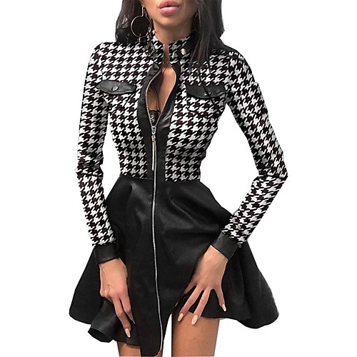 

Women's A Line Dress Short Mini Dress Blue White Black Long Sleeve Houndstooth Pocket Print Fall Spring Turtleneck Vintage Slim 2021 S M L XL