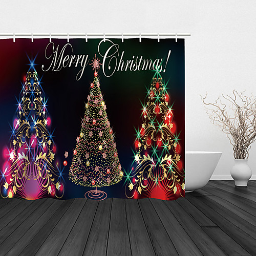 

Bathroom Shower Curtain And Hook Rainbow Classic Polyester Material Colorful Christmas Tree Festive Bathroom Christmas Decoration