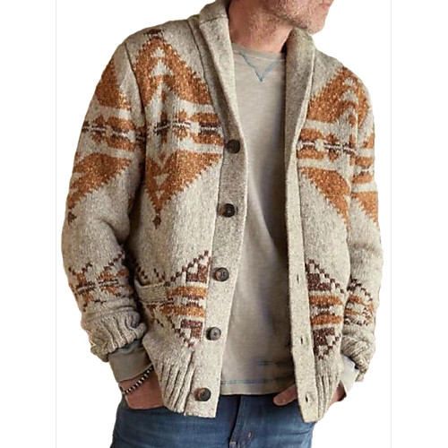 

Men's Knitted Geometric Cardigan Acrylic Fibers Long Sleeve Sweater Cardigans Shirt Collar Fall Winter Khaki