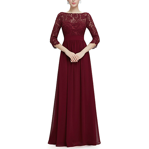 

A-Line Mother of the Bride Dress Elegant Jewel Neck Floor Length Chiffon 3/4 Length Sleeve with Sash / Ribbon Pleats 2021