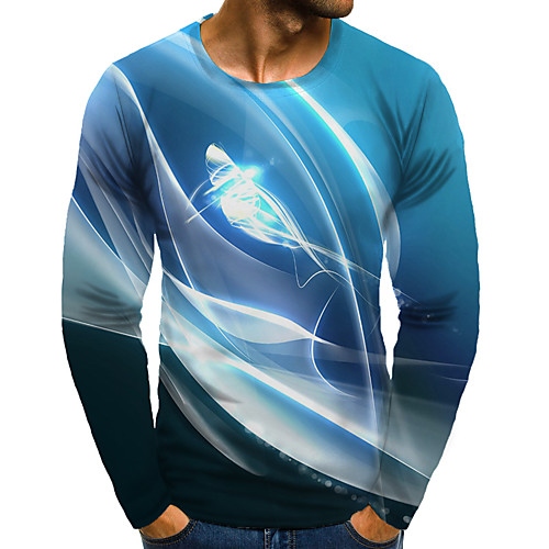 

Men's T shirt Shirt 3D Print Graphic 3D Plus Size Print Long Sleeve Daily Tops Elegant Exaggerated Round Neck Light Blue