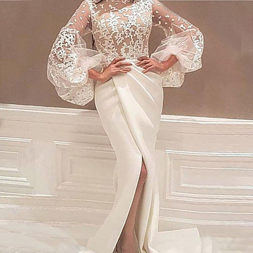 

Women's Sheath Dress Maxi long Dress White Long Sleeve Solid Color Split Mesh Lace Fall Turtleneck Sexy Party Flare Cuff Sleeve Slim 2021 S M L XL XXL