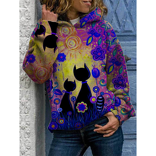

Women's Hoodie Pullover Floral Cat Tie Dye Daily Basic Casual Hoodies Sweatshirts Cotton Blue Purple Yellow