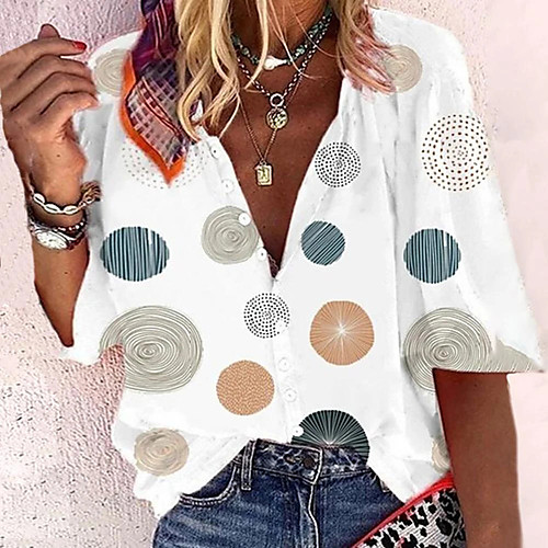 

Women's Blouse Shirt Polka Dot Long Sleeve Shirt Collar Basic Tops White