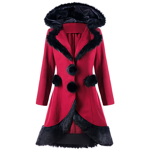 

Women's Coat Daily Fall & Winter Long Coat Regular Fit Jacket Long Sleeve Solid Colored Fur Trim Wine