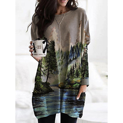 

Women's T Shirt Dress Tee Dress Short Mini Dress Gray Long Sleeve Color Block Print Fall V Neck Casual Loose 2021 S M L XL XXL 3XL