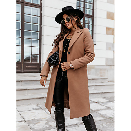 

Women's Coat Daily Fall Winter Long Coat Regular Fit Elegant & Luxurious Jacket Long Sleeve Solid Colored Button Khaki Light gray
