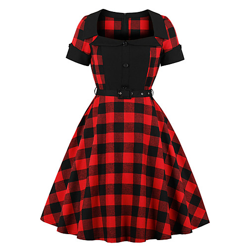 

Women's Sheath Dress Midi Dress Red Short Sleeve Plaid Print Winter Square Neck Casual Slim 2021 S M L XL XXL 3XL 4XL / Cotton / Cotton