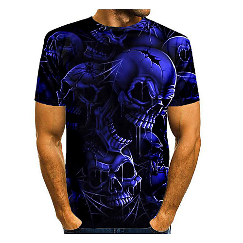 

Men's T shirt Shirt 3D Print Graphic 3D Skull Print Short Sleeve Halloween Tops Round Neck Blue Black Grey