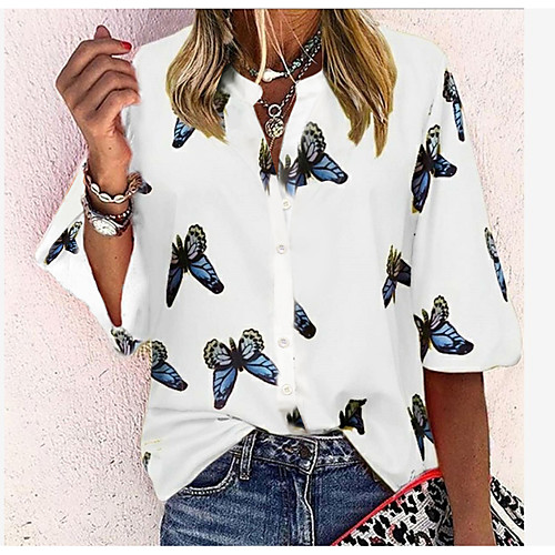 

Women's Blouse Shirt Butterfly Long Sleeve Print Shirt Collar Streetwear Tops White Blue Red