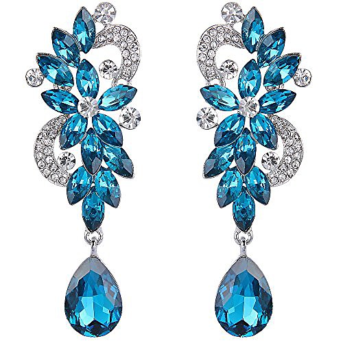 

wedding bridal dangle earrings for women bohemian boho crystal flower chandelier teardrop bling earrings blue topaz color silver-tone