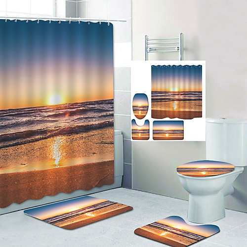 

Sunset Sea level Digital Printing Four-Piece Set Shower Curtains Hooks Modern Polyester Machine Made Waterproof Bathroom