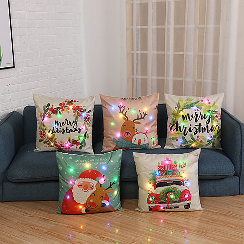 

5pcs Pillowcase Christmas Gift Decoration with LED Lights Linen Cartoon Plants Printing Luminous Cushion Cover Home Sofa Table Chair 45x45cm