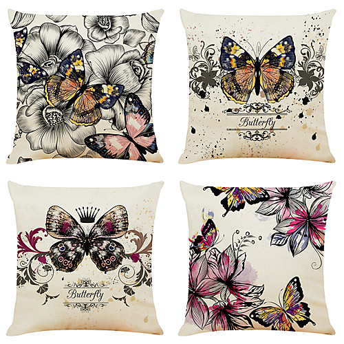 

Set of 4 Artistic Butterfly Faux Linen Square Decorative Throw Pillow Cases Sofa Cushion Covers 18x18