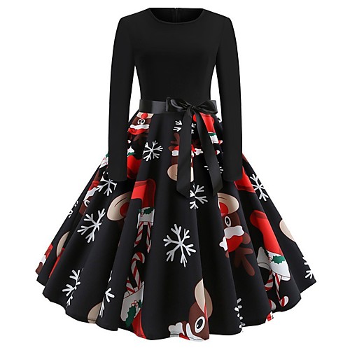 

Women's Swing Dress Midi Dress Wine Green Orange White Black Red Long Sleeve Print Patchwork Fall Round Neck Casual Christmas 2021 S M L XL XXL 3XL 4XL 5XL