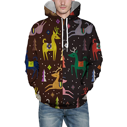 

Men's Pullover Hoodie Sweatshirt Graphic 3D Reindeer Hooded Christmas Daily 3D Print Christmas Hoodies Sweatshirts Long Sleeve Brown