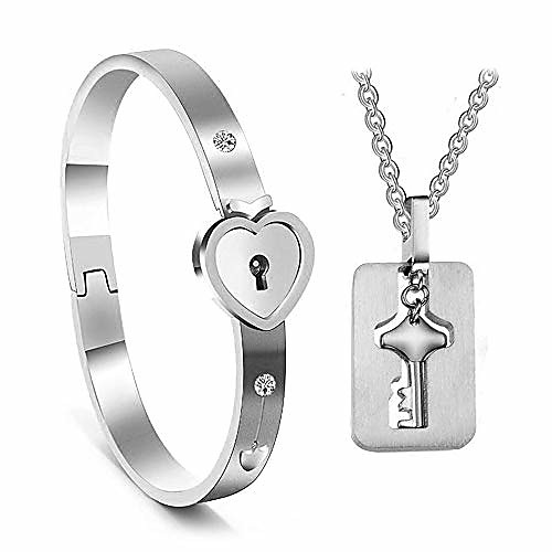 

his and hers matching set, titanium key pendants necklace heart bangle bracelet prevent allergy&fade couples lock jewelry sets for valentines birthday gifts silver
