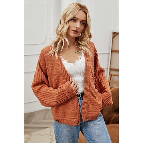 

Women's Knitted Solid Color Cardigan Long Sleeve Sweater Cardigans V Neck Fall Orange