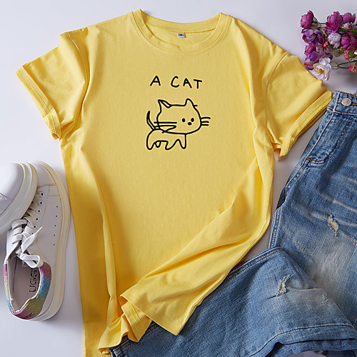 

Women's T shirt Cat Graphic Text Round Neck Tops 100% Cotton Basic Basic Top White Black Red