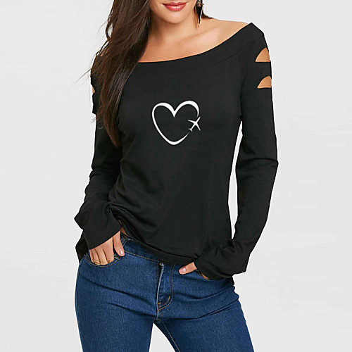 

Women's T-shirt Heart Long Sleeve Cut Out Off Shoulder Tops Cotton Basic Basic Top Black Red