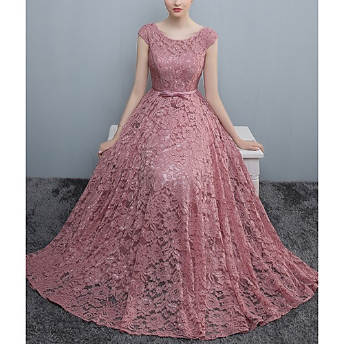 

A-Line Cut Out Minimalist Prom Formal Evening Dress Jewel Neck Sleeveless Floor Length Lace with Pleats 2021