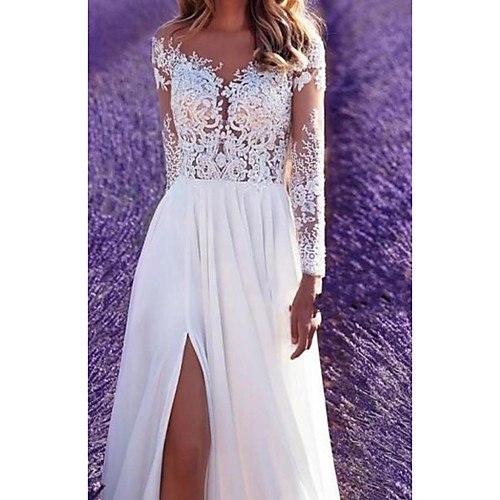 

Women's Swing Dress Maxi long Dress White Long Sleeve Solid Color Lace Patchwork Fall Off Shoulder Elegant Sexy Party Slim 2021 S M L XL / Mini